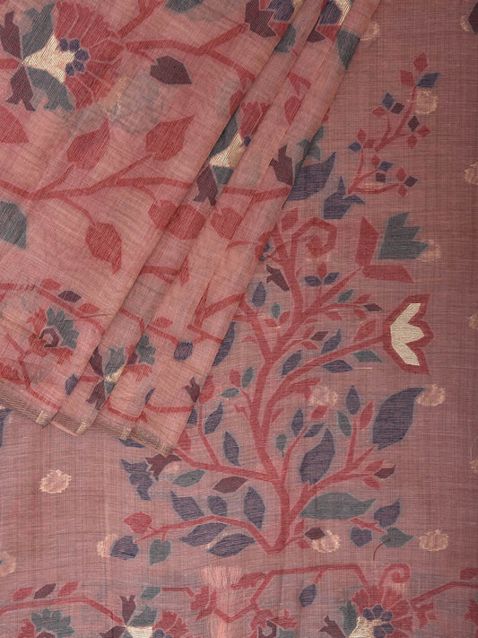 Peach Dhakai Jamdani Cotton Viscose Saree with All Over Floral Design dj0156