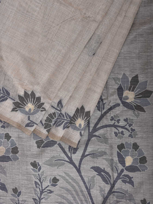 Beige Dhakai Jamdani Cotton Viscose Saree with Border and Pallu Floral Design dj0157