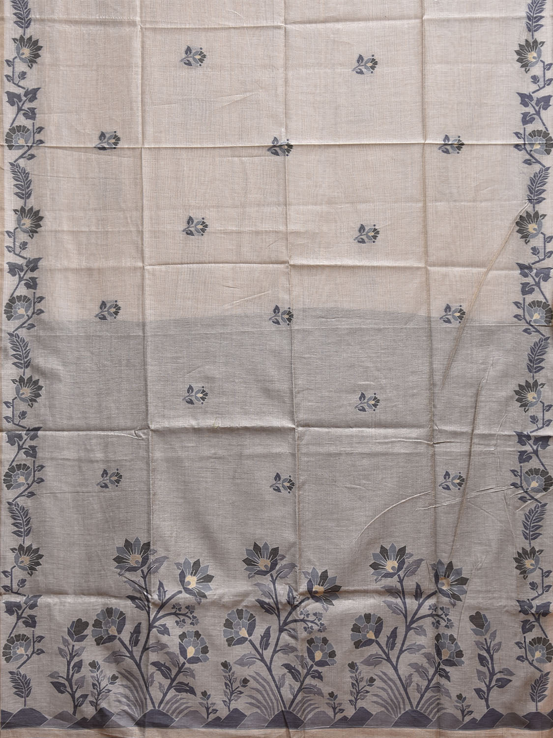 Beige Dhakai Jamdani Cotton Viscose Saree with Border and Pallu Floral Design dj0157
