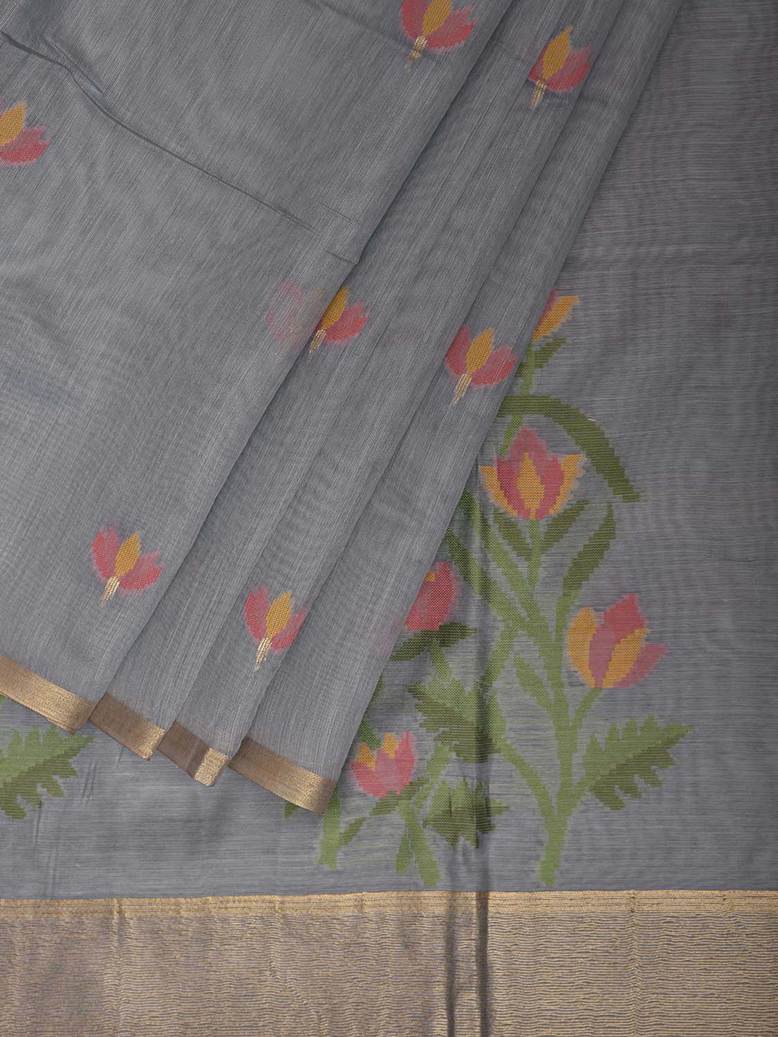 Grey Dhakai Jamdani Cotton Viscose Saree with Floral Pallu Design dj0159