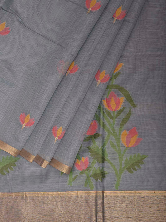 Grey Dhakai Jamdani Cotton Viscose Saree with Floral Pallu Design dj0159