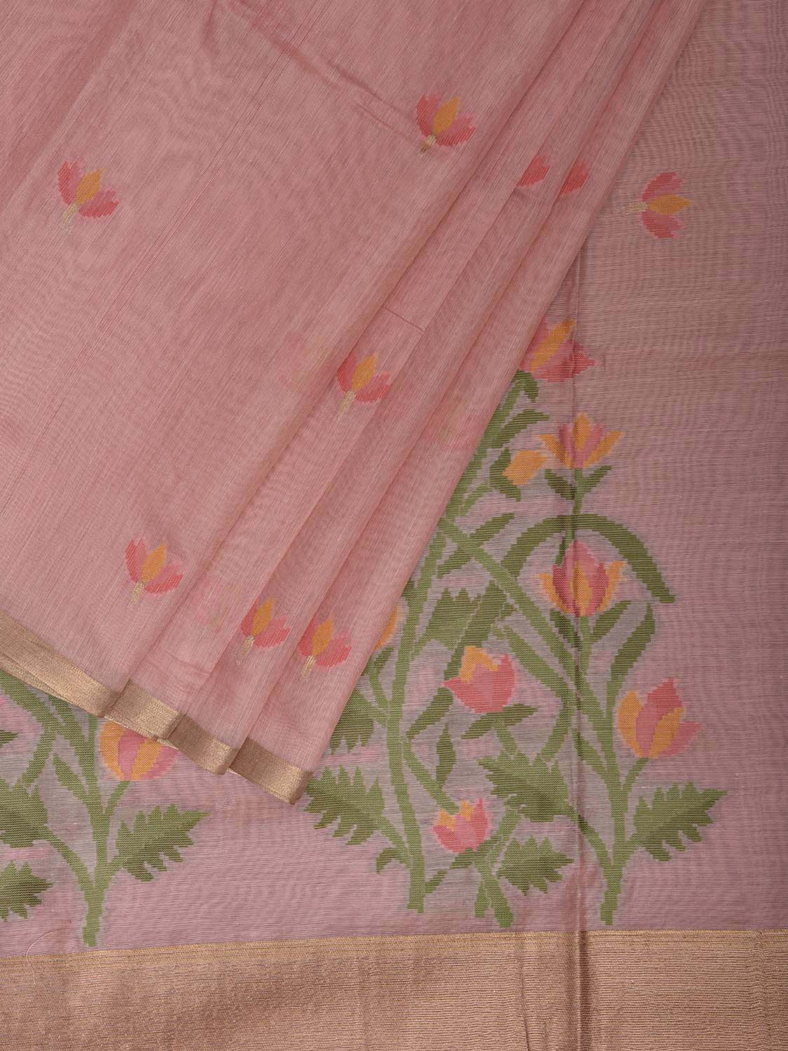 Baby Pink Dhakai Jamdani Cotton Viscose Saree with Floral Pallu Design dj0160