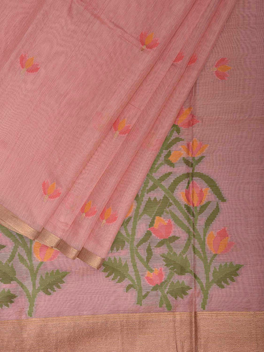 Baby Pink Dhakai Jamdani Cotton Viscose Saree with Floral Pallu Design dj0160