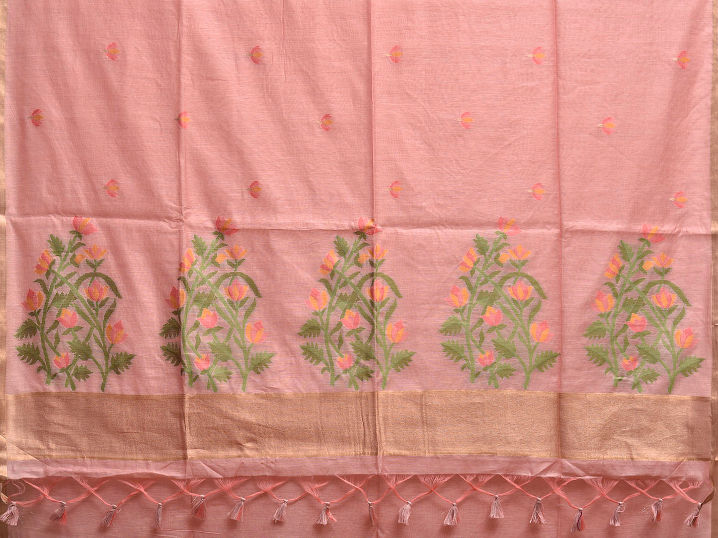 Baby Pink Dhakai Jamdani Cotton Viscose Saree with Floral Pallu Design dj0160