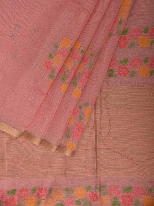 Peach Dhakai Jamdani Cotton Viscose Saree with Floral Buta Design dj0162