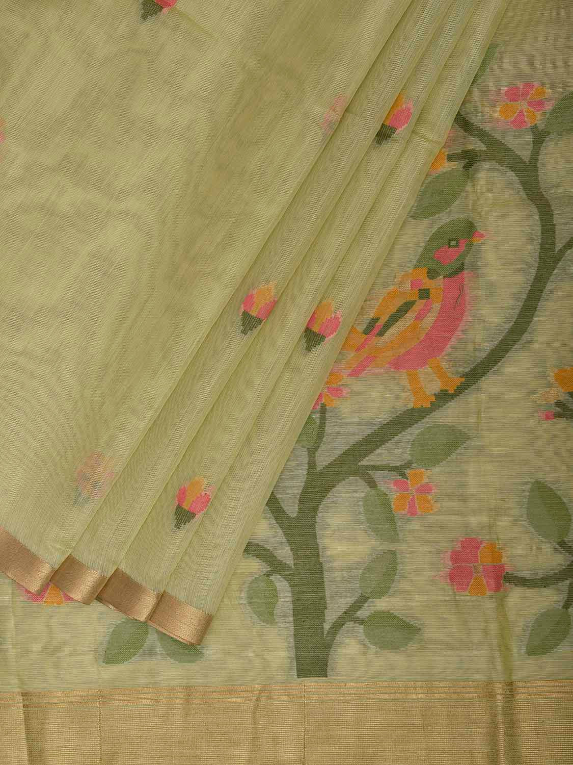 Lemon Green Dhakai Jamdani Cotton Viscose Saree with Floral Buta Design dj0163