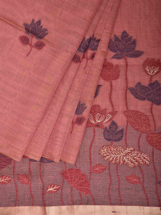 Peach Dhakai Jamdani Cotton Viscose Saree with Lotus Buta and Pallu Design dj0164