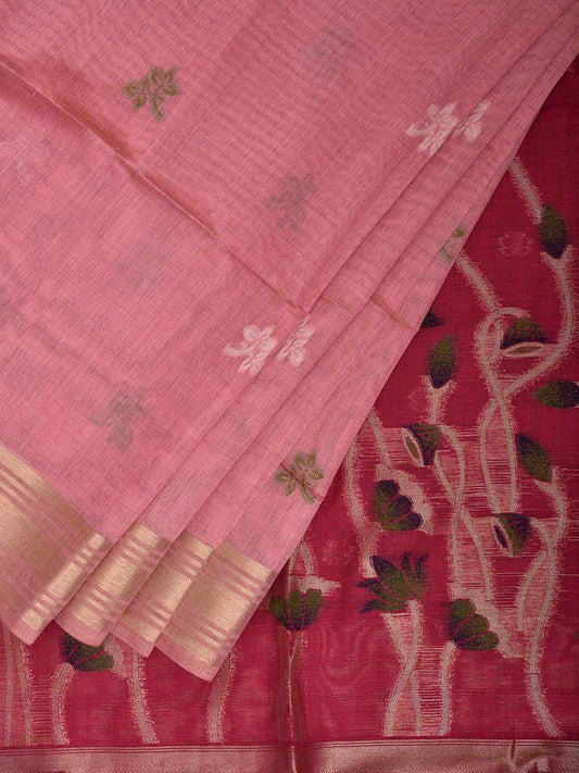 Baby Pink and Pink Dhakai Jamdani Cotton Viscose Saree with Peacocks Pallu Design dj0166