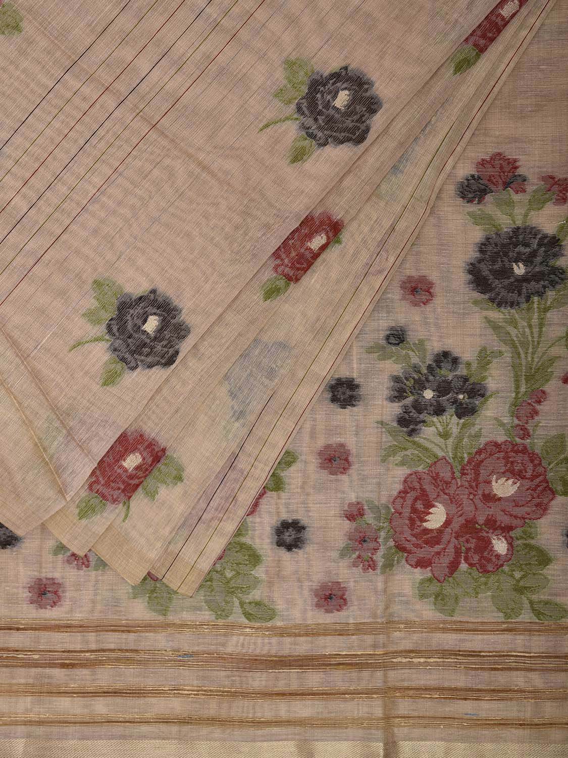 Cream Dhakai Jamdani Cotton Viscose Saree with Floral Buta and Pallu Design dj0167