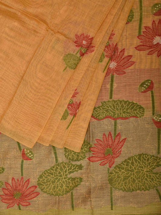 Yellow Dhakai Jamdani Cotton Viscose Saree with Lotus Buta and Pallu Design dj0168