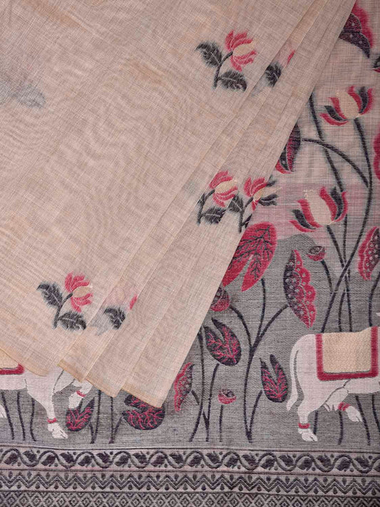 White Dhakai Jamdani Cotton Viscose Saree with Lotus Buta and Cows Pallu Design dj0169