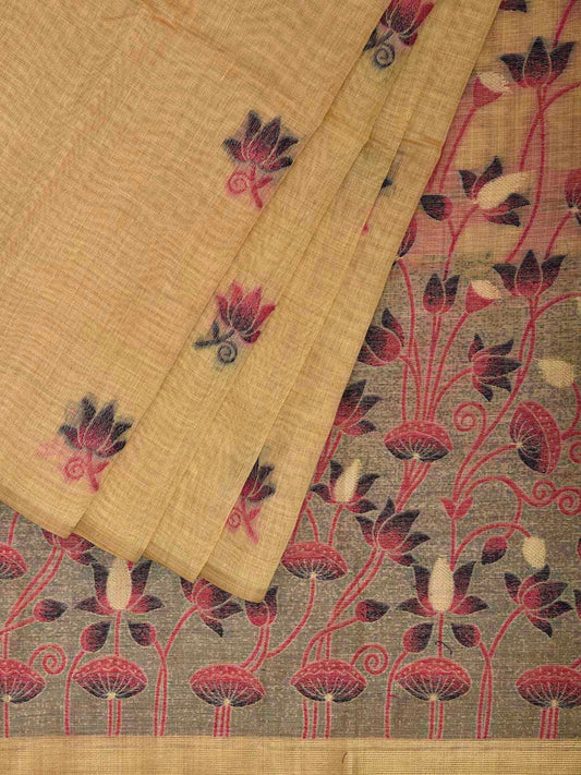 Light Yellow Dhakai Jamdani Cotton Viscose Saree with Lotus Buta and Pallu Design dj0170