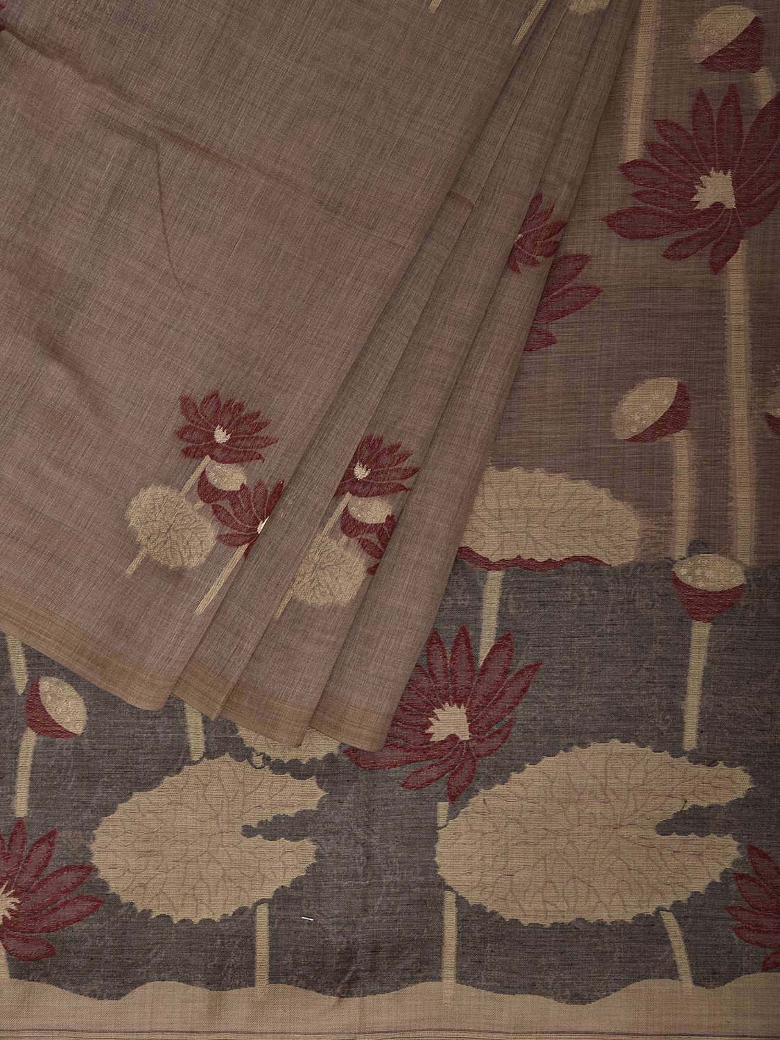 Khaki Dhakai Jamdani Cotton Viscose Saree with Lotus Buta and Pallu Design dj0171