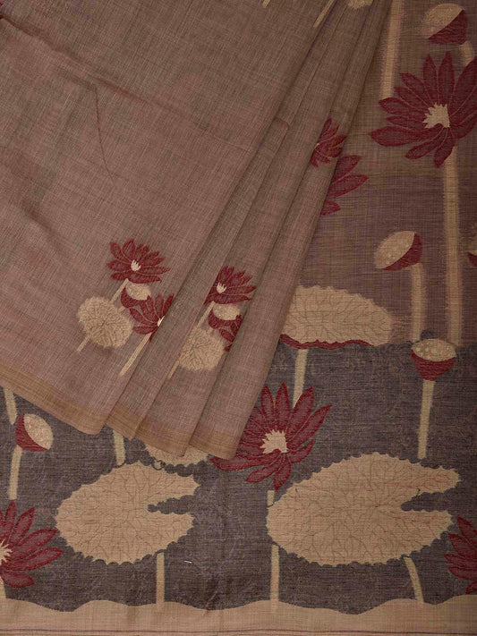 Khaki Dhakai Jamdani Cotton Viscose Saree with Lotus Buta and Pallu Design dj0171