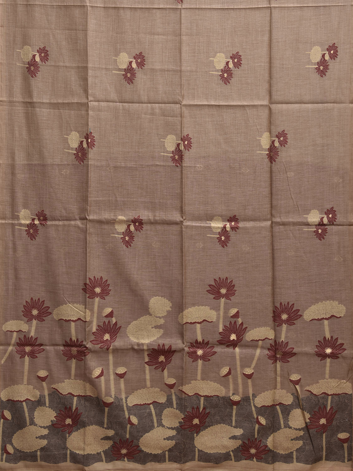 Khaki Dhakai Jamdani Cotton Viscose Saree with Lotus Buta and Pallu Design dj0171