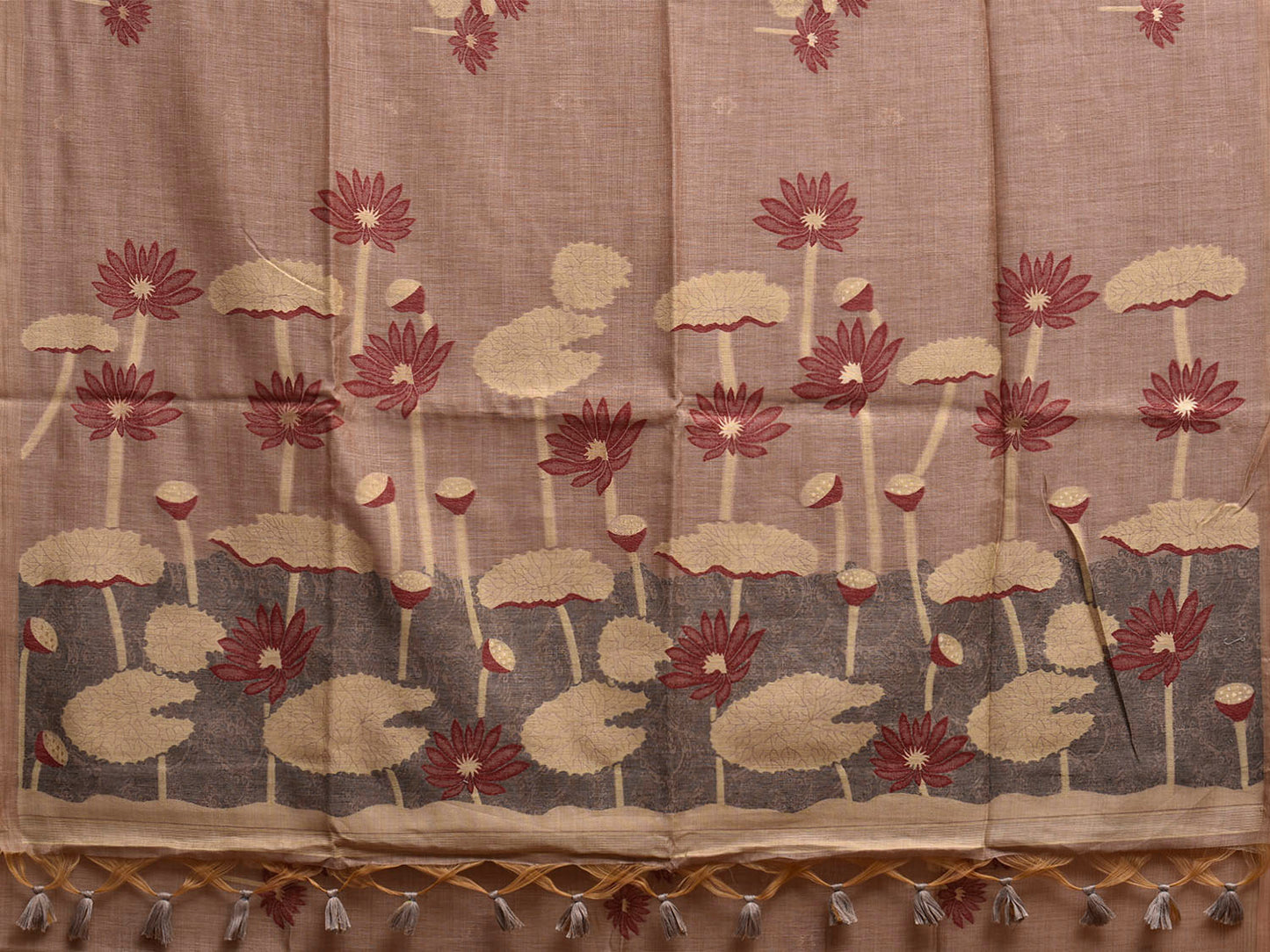 Khaki Dhakai Jamdani Cotton Viscose Saree with Lotus Buta and Pallu Design dj0171