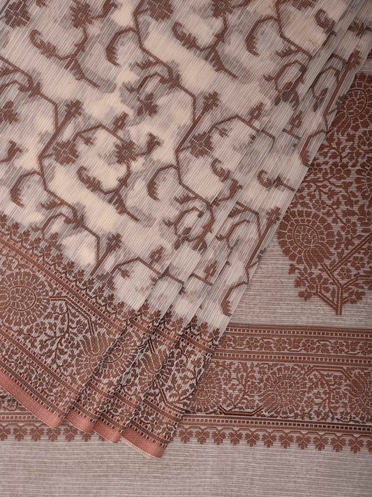 White and Fawn Dhakai Jamdani Cotton Viscose Saree with Border and Pallu Design dj0173