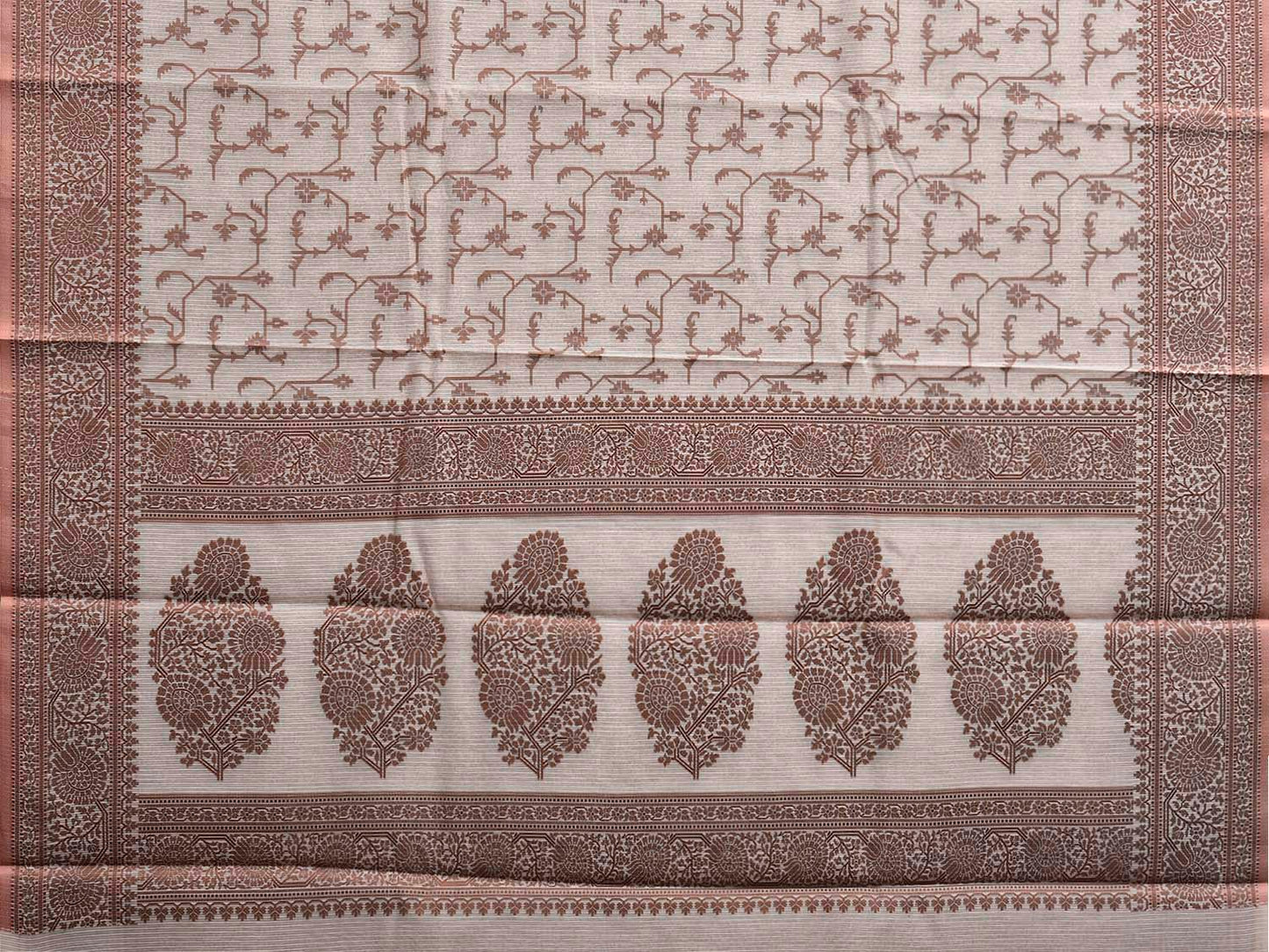 White and Fawn Dhakai Jamdani Cotton Viscose Saree with Border and Pallu Design dj0173