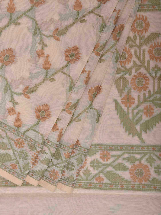 White and Green Dhakai Jamdani Cotton Viscose Saree with Border and Pallu Design dj0175