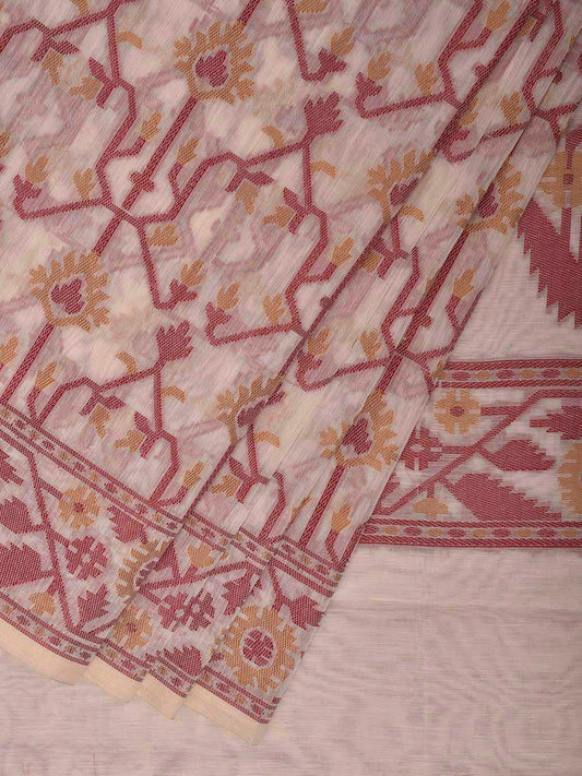 White and Red Dhakai Jamdani Cotton Viscose Saree with All Over and Pallu Design dj0177