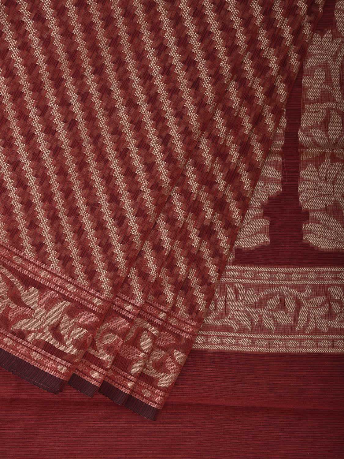 Maroon Dhakai Jamdani Cotton Viscose Saree with Diagonal and Floral Pallu Design dj0180