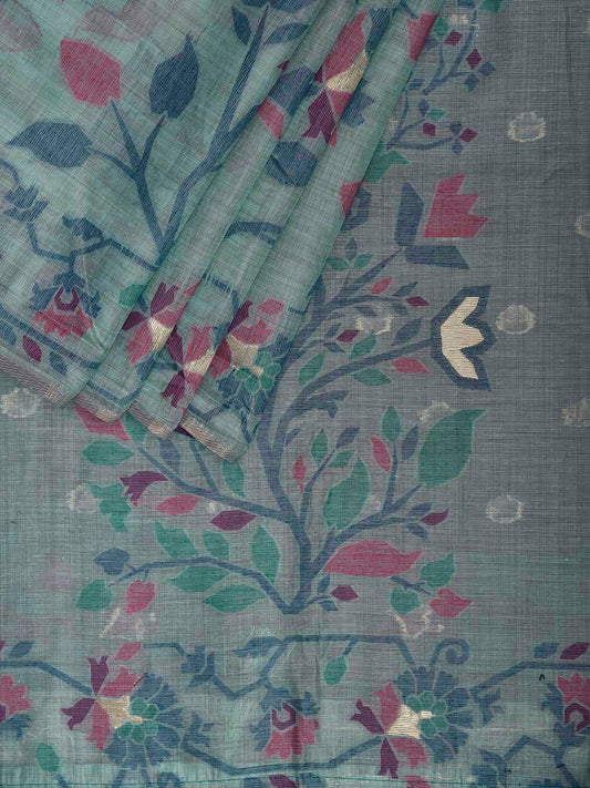 Turquoise Dhakai Jamdani Cotton Viscose Saree with All Over Floral Design dj0182