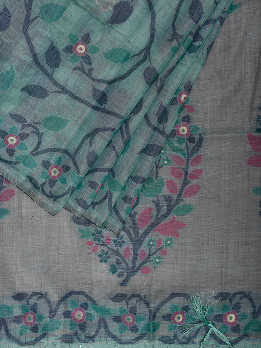 Turquoise Dhakai Jamdani Cotton Viscose Saree with All Over Floral Design dj0184