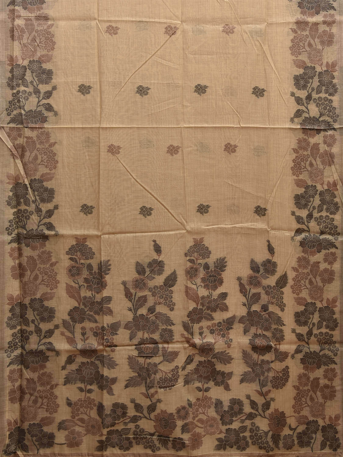 Fawn Dhakai Jamdani Cotton Viscose Saree with Floral Buta and Pallu Design dj0186