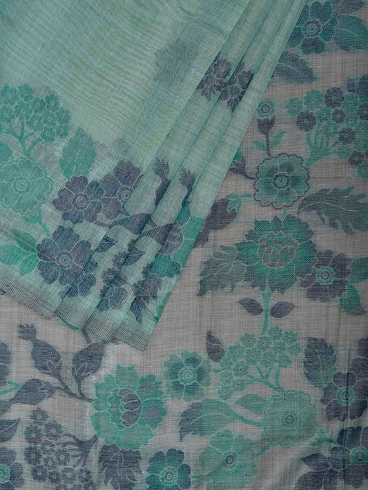 Turquoise Dhakai Jamdani Cotton Viscose Saree with Floral Buta and Pallu Design dj0187