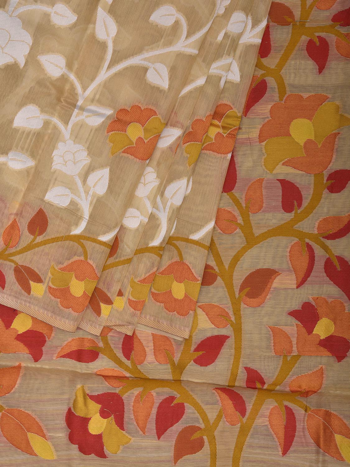 Cream Dhakai Jamdani Cotton Viscose Saree with All Over Floral Design dj0188