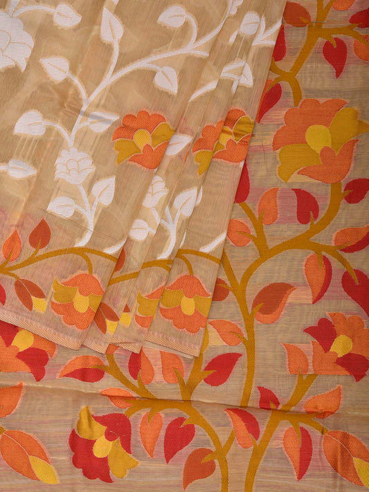 Cream Dhakai Jamdani Cotton Viscose Saree with All Over Floral Design dj0188