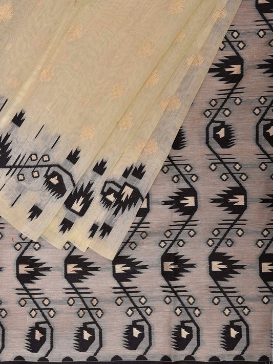 White and Black Dhakai Jamdani Cotton Viscose Saree with Border and Pallu Design dj0189