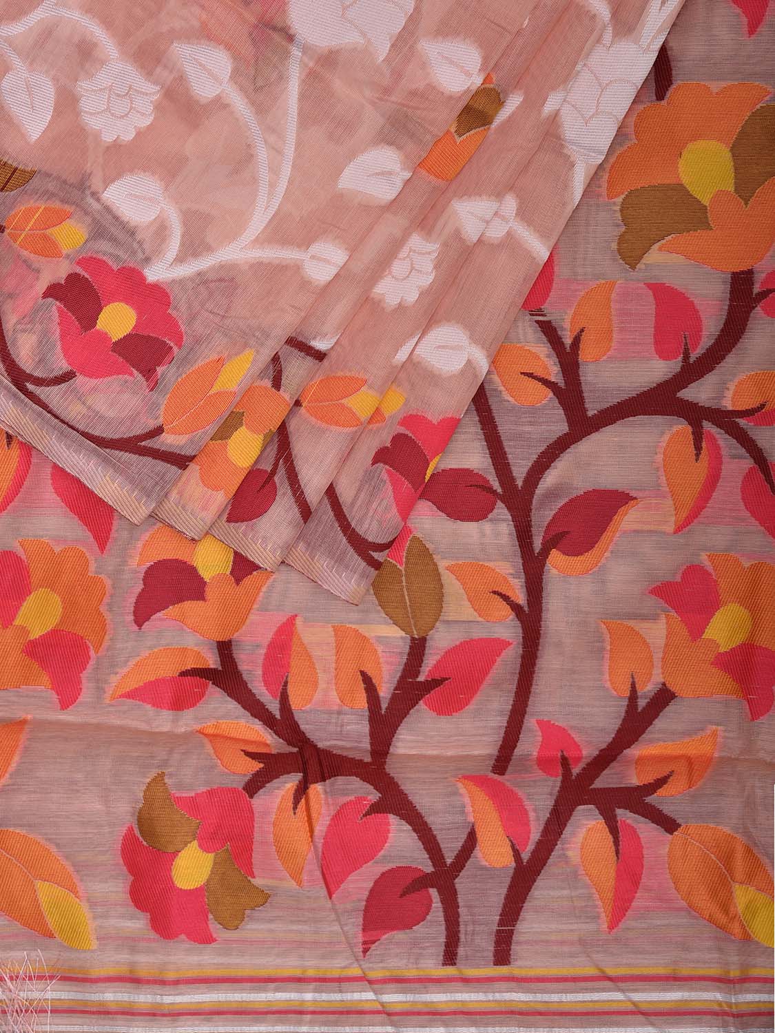 Light Peach Dhakai Jamdani Cotton Viscose Saree with All Over Floral Design dj0190