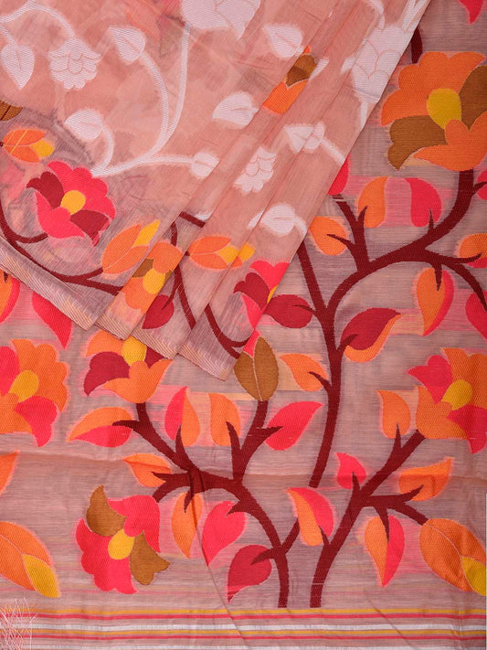 Light Peach Dhakai Jamdani Cotton Viscose Saree with All Over Floral Design dj0190