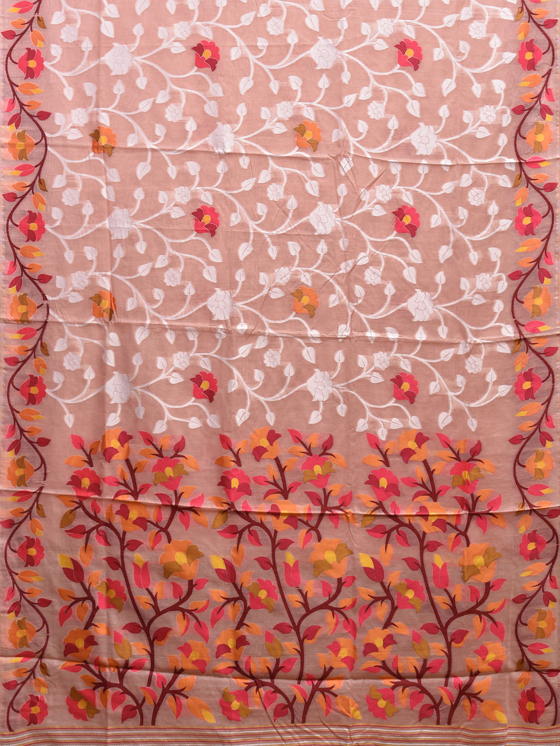 Light Peach Dhakai Jamdani Cotton Viscose Saree with All Over Floral Design dj0190