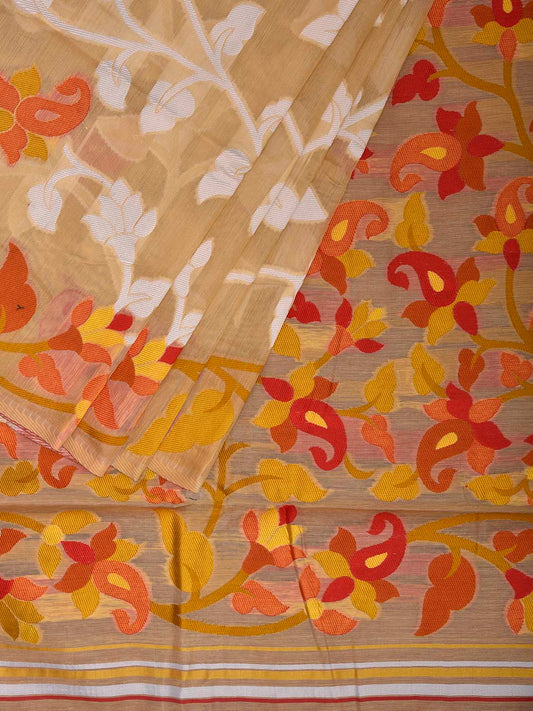 Cream Dhakai Jamdani Cotton Viscose Saree with All Over Floral Design dj0192