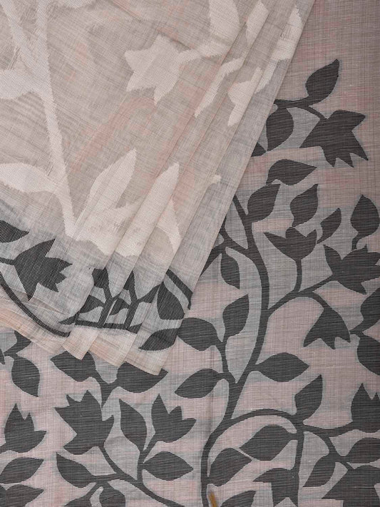White and Black Dhakai Jamdani Cotton Viscose Saree with Floral Pallu and Border Design dj0193