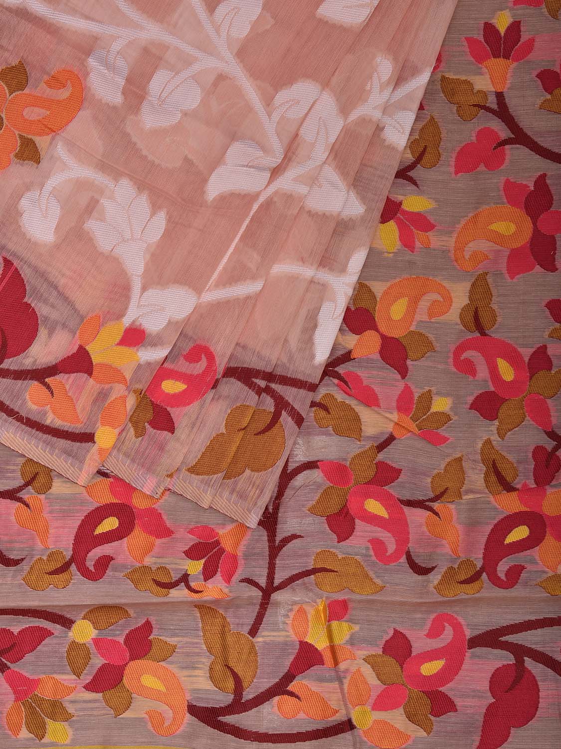 Light Peach Dhakai Jamdani Cotton Viscose Saree with All Over Floral Design dj0194