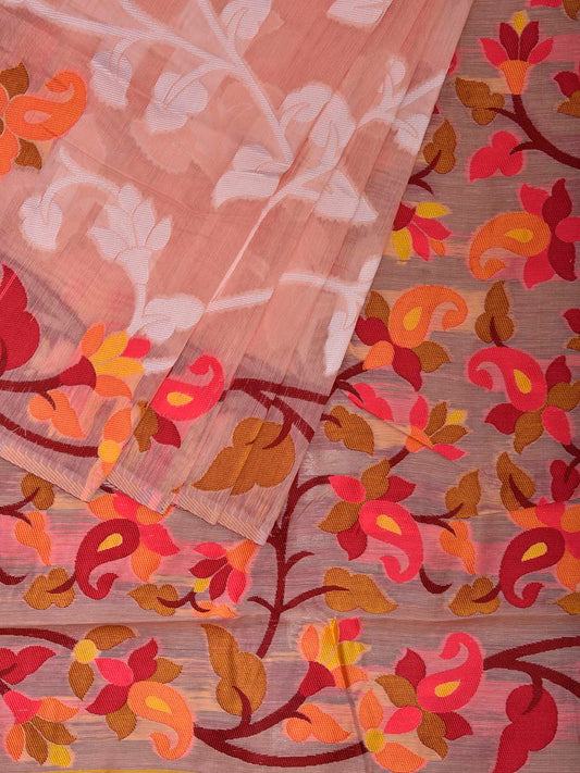 Light Peach Dhakai Jamdani Cotton Viscose Saree with All Over Floral Design dj0194