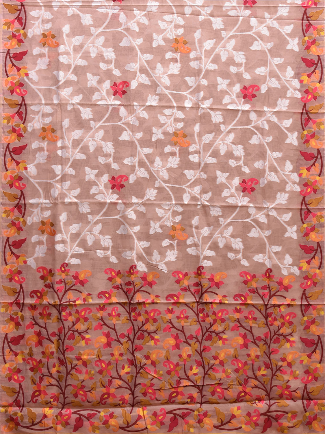 Light Peach Dhakai Jamdani Cotton Viscose Saree with All Over Floral Design dj0194