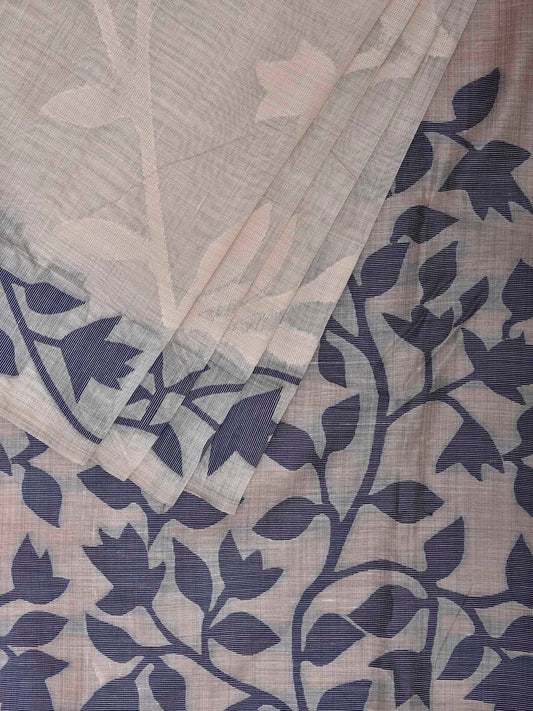 White and Blue Dhakai Jamdani Cotton Viscose Saree with Floral Pallu and Border Design dj0195