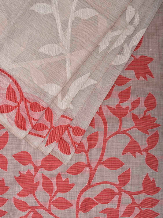 White and Red Dhakai Jamdani Cotton Viscose Saree with Floral Pallu and Border Design dj0196