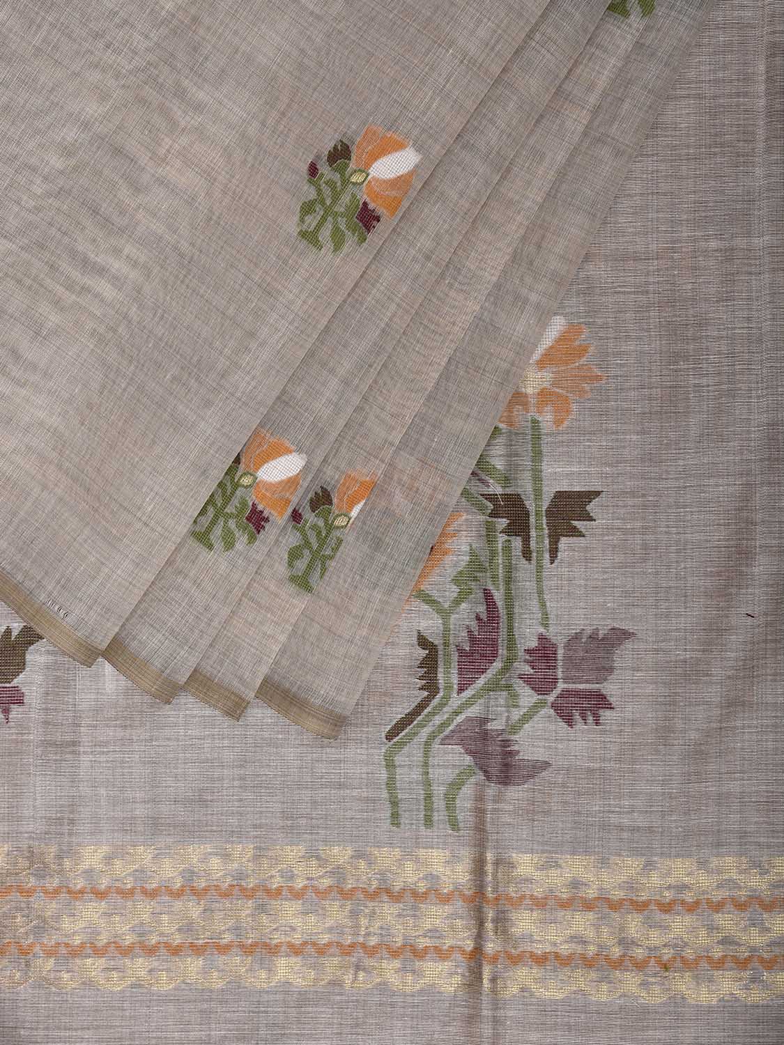 Light Khaki Dhakai Jamdani Cotton Viscose Saree with Floral Buta and Pallu Design dj0197