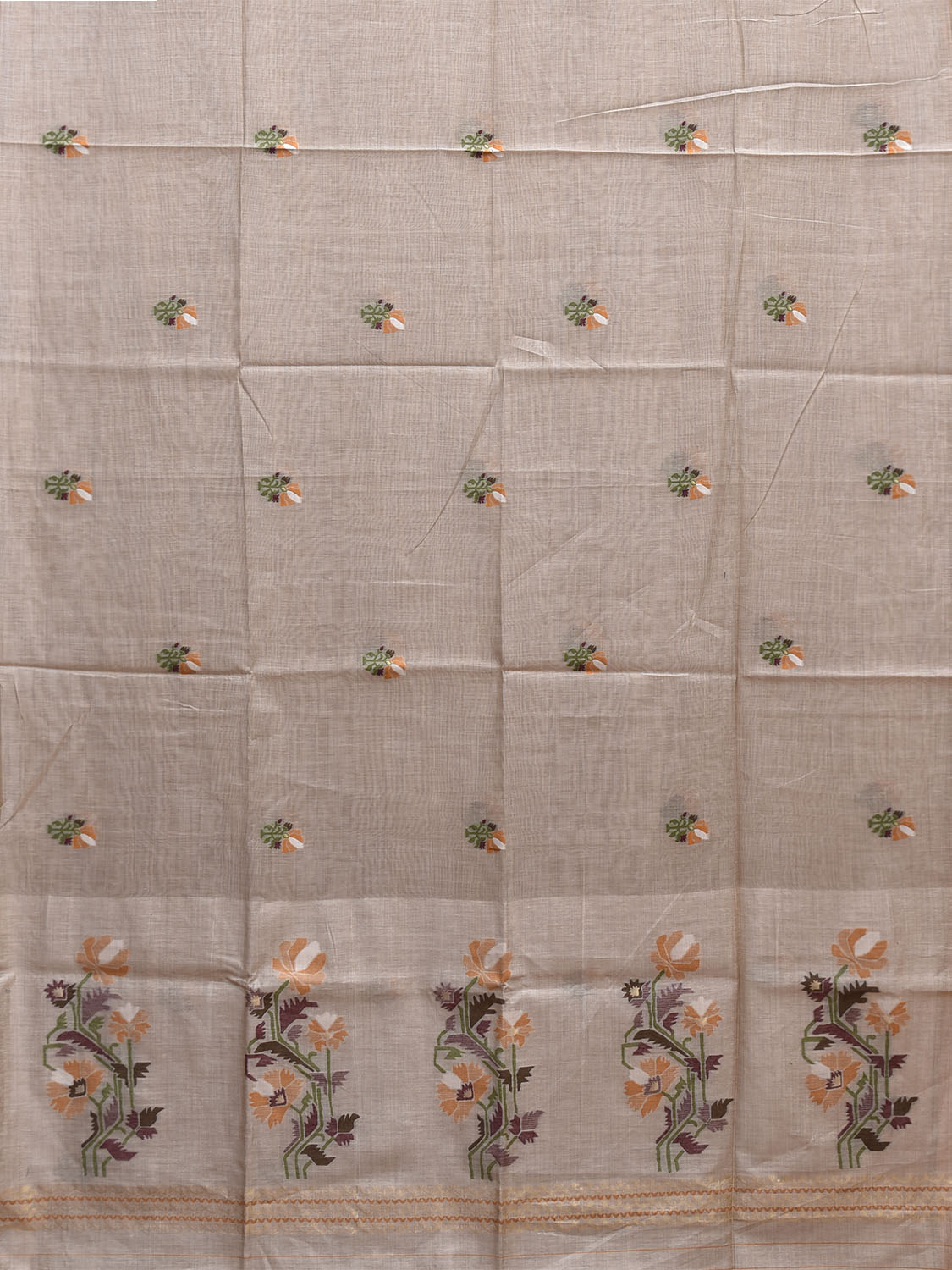 Light Khaki Dhakai Jamdani Cotton Viscose Saree with Floral Buta and Pallu Design dj0197