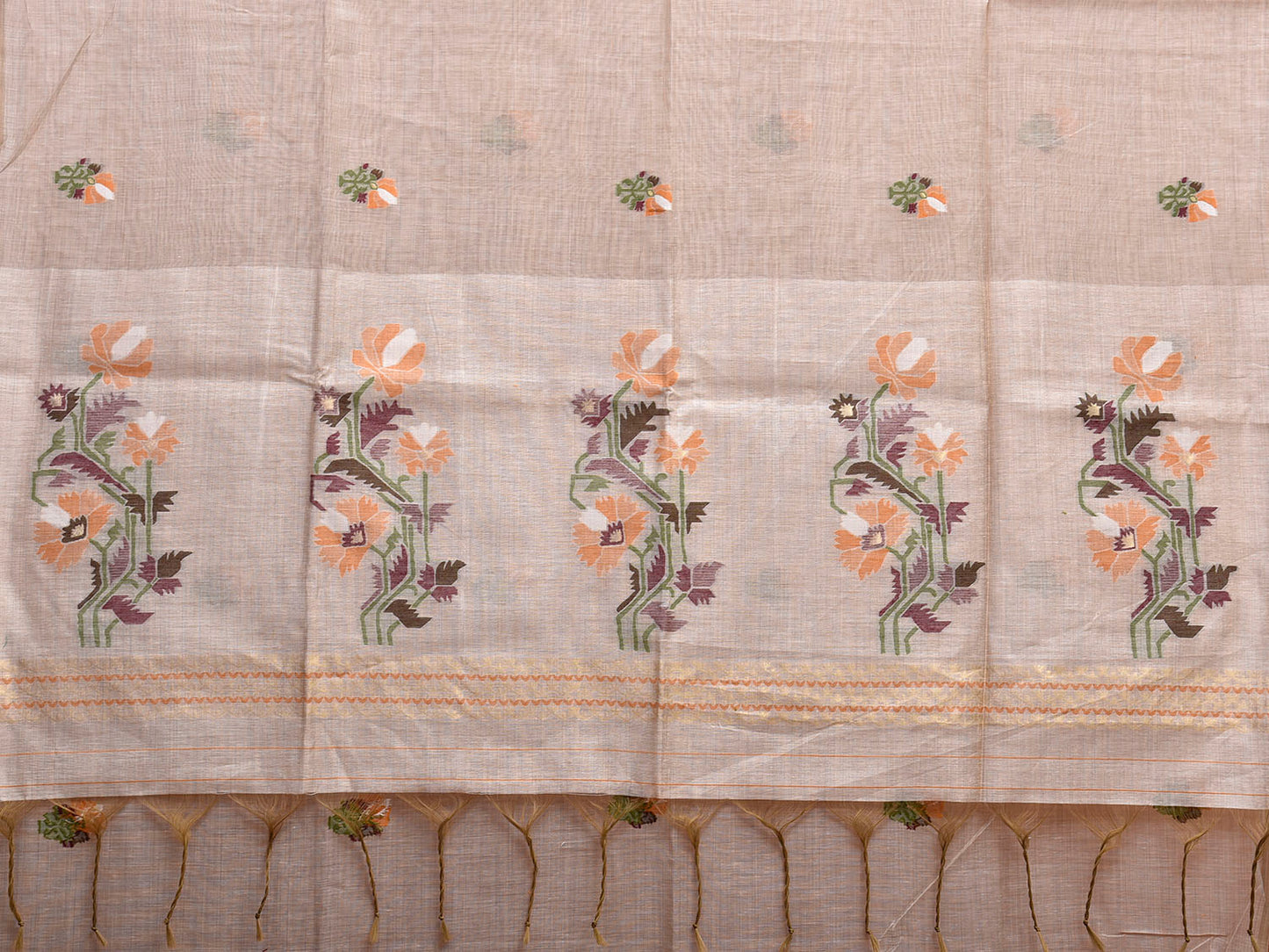 Light Khaki Dhakai Jamdani Cotton Viscose Saree with Floral Buta and Pallu Design dj0197