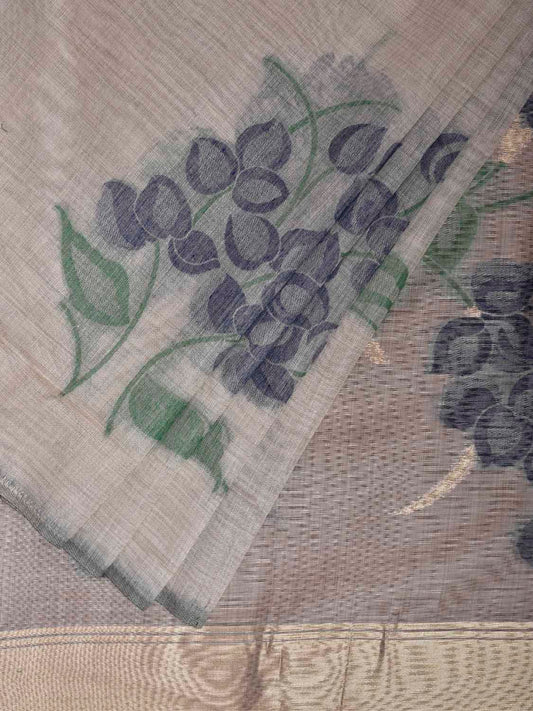 Light Khaki Dhakai Jamdani Cotton Viscose Saree with Floral Body Buta and Pallu Design dj0202