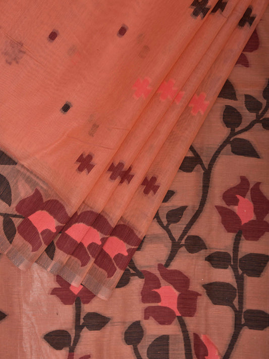 Peach Dhakai Jamdani Cotton Viscose Saree with Floral Border and Pallu Design dj0204