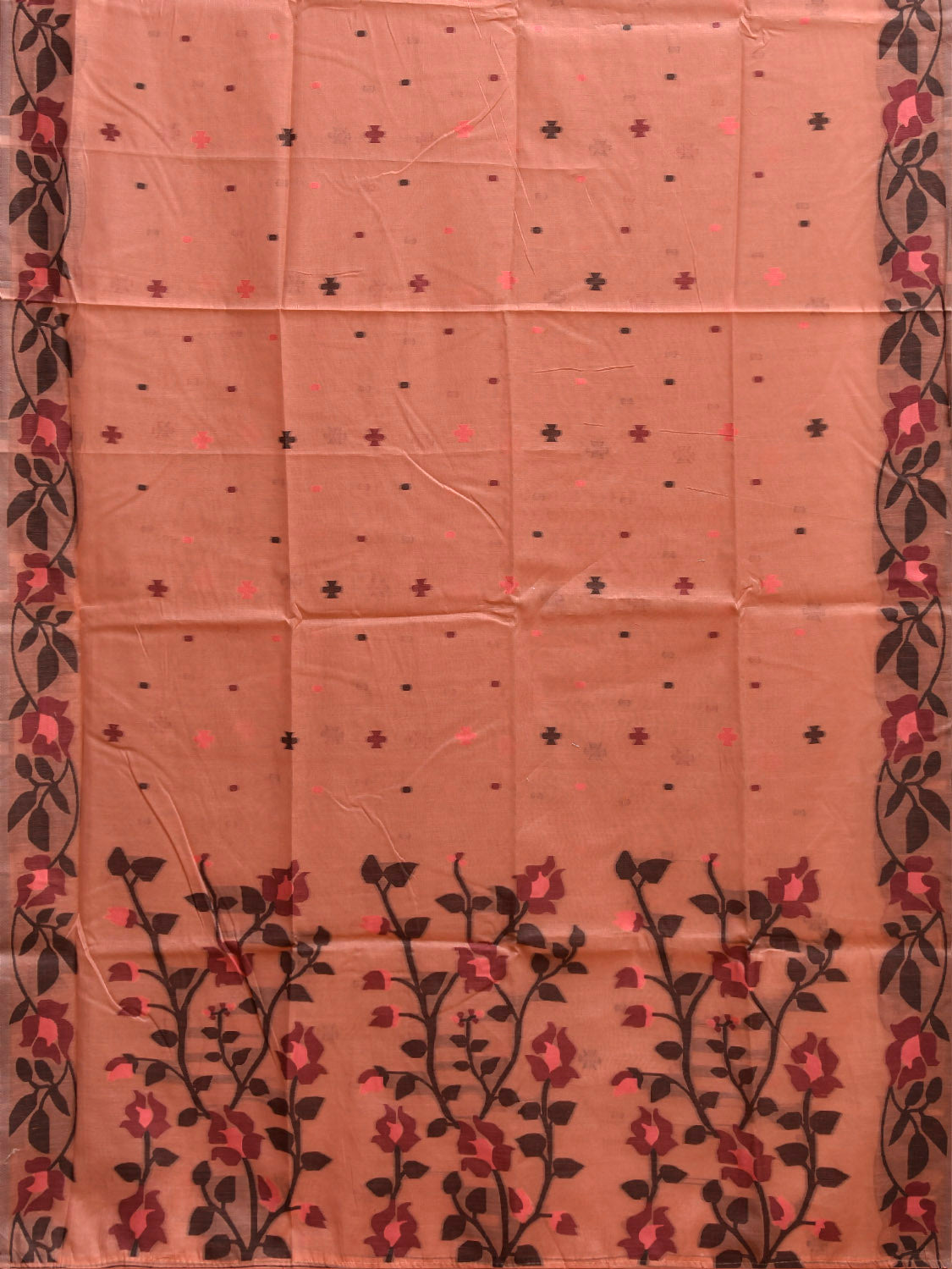 Peach Dhakai Jamdani Cotton Viscose Saree with Floral Border and Pallu Design dj0204