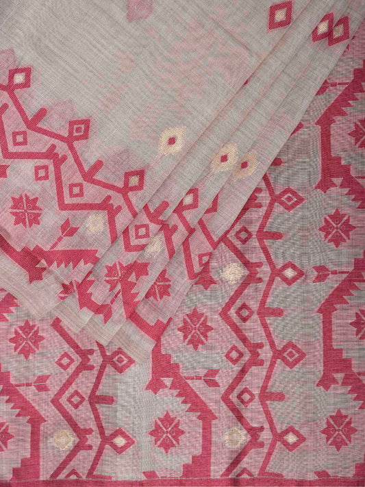White and Red Dhakai Jamdani Cotton Viscose Saree with Geometric Border and Pallu Design dj0205