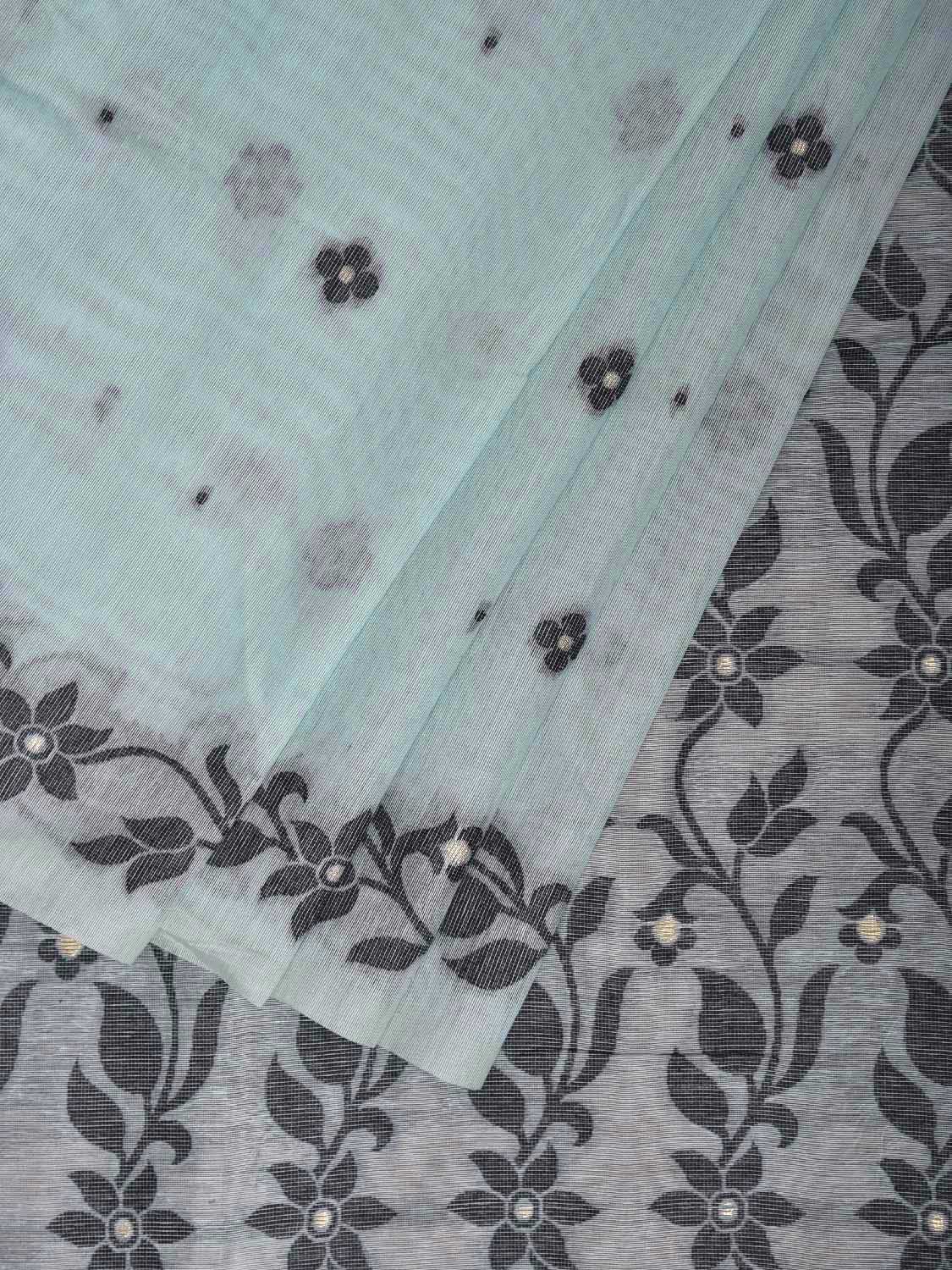 Light Turquoise Dhakai Jamdani Cotton Viscose Saree with Floral Border and Pallu Design dj0206